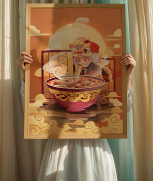 Ilustración de un niño con traje tradicional y un gran tazón de sopa