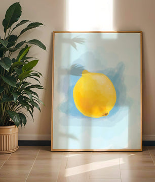 Obra de arte en acuarela de un limón sobre un fondo azul