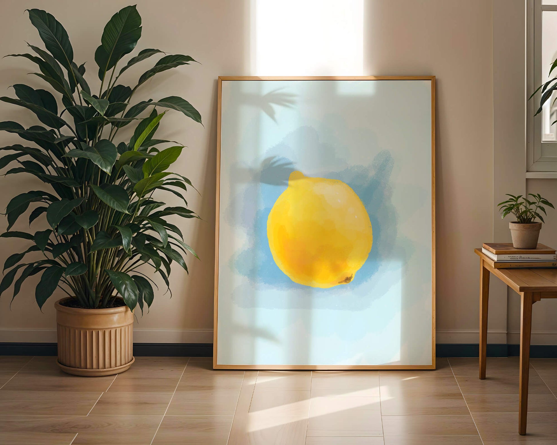 Watercolor artwork of a lemon on a blue background