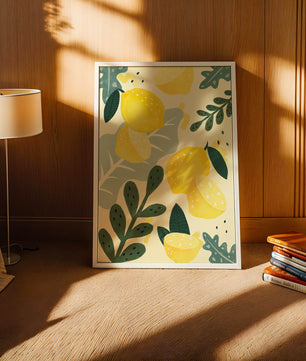 Composición ilustrativa de limones y hojas con colores vibrantes