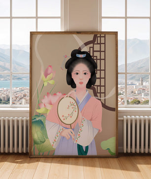 Elegant traditional Asian woman in pastel attire with floral background