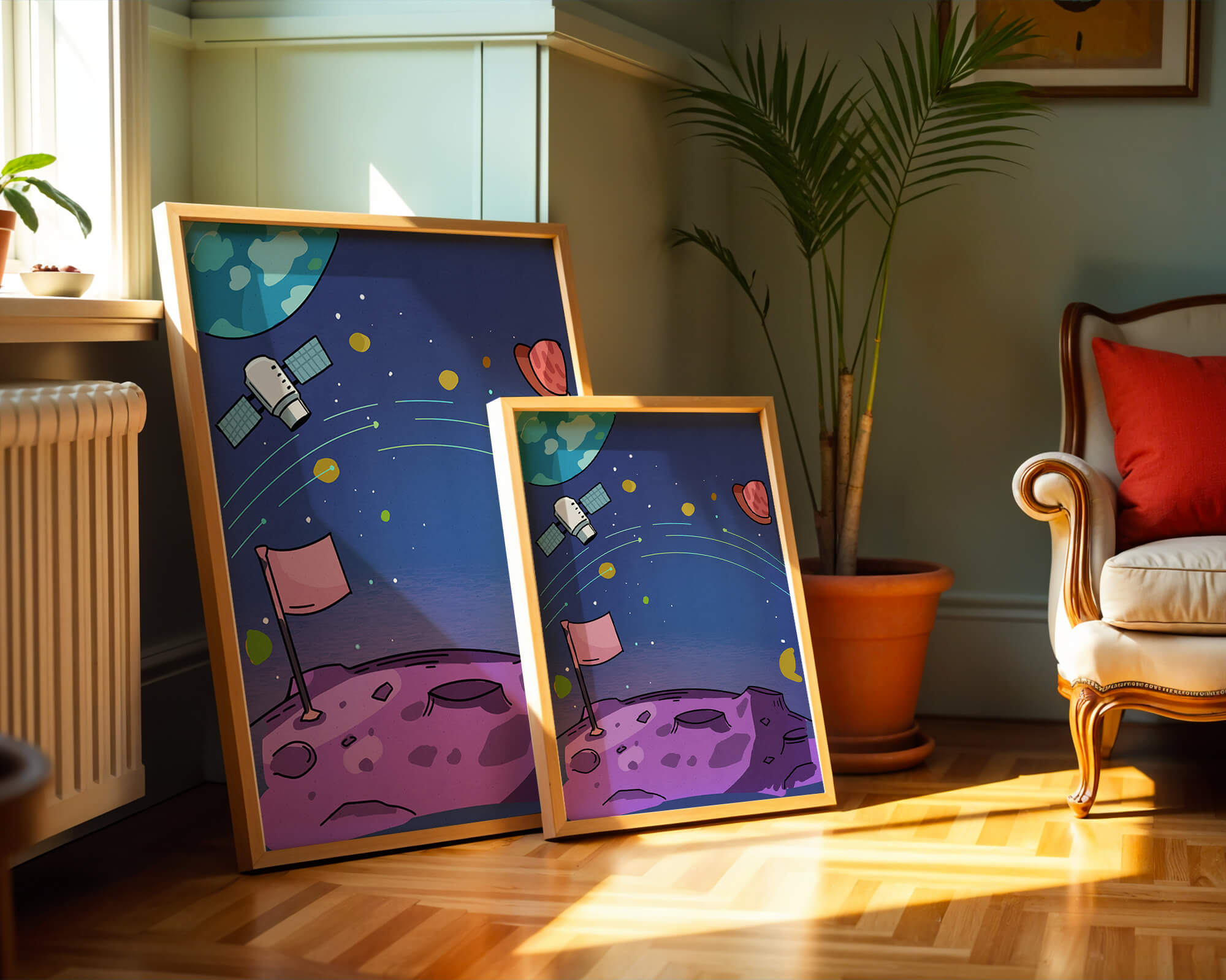 Illustration of outer space scene with planets and satellite