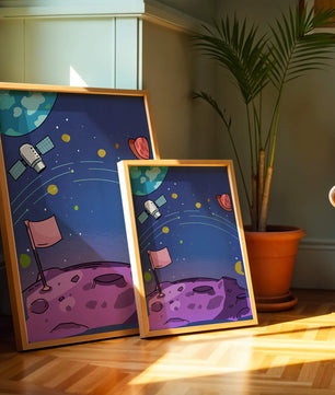 Illustration of outer space scene with planets and satellite