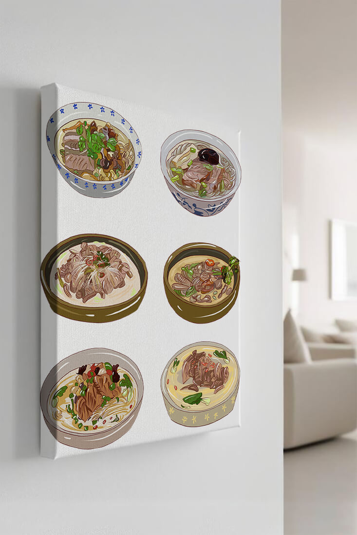 Illustrated bowls of Asian noodle soups with herbs and vegetables