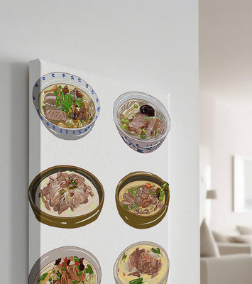 Illustrated bowls of Asian noodle soups with herbs and vegetables