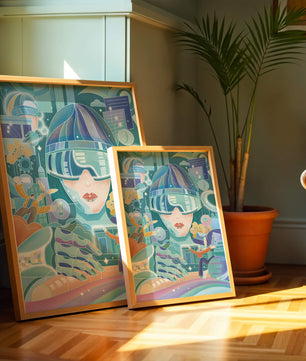 Futuristic digital art with virtual reality and technology themes