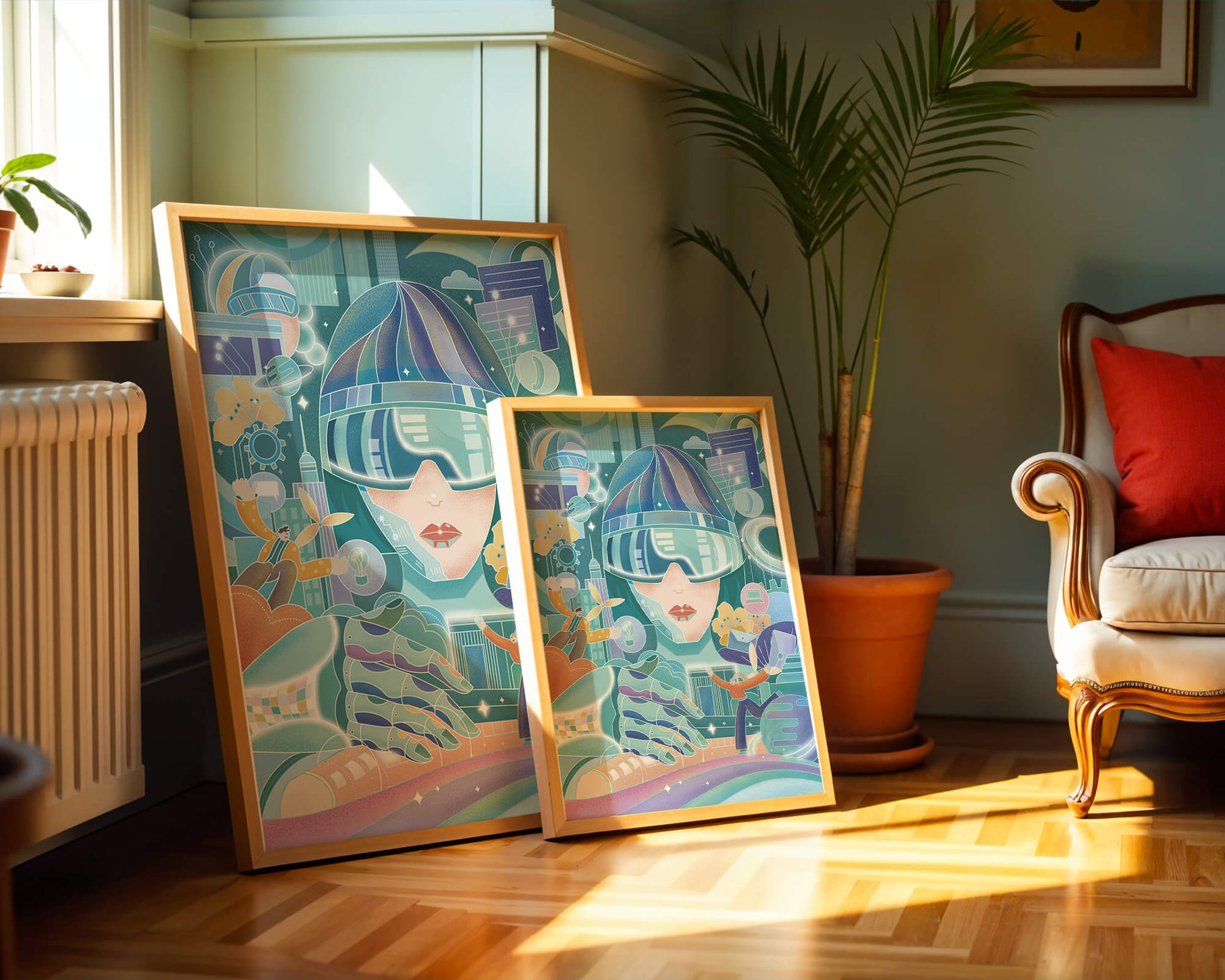 Futuristic digital art with virtual reality and technology themes
