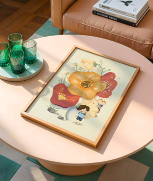 Charming Illustration of Children among Large Flowers with Playful Puppy