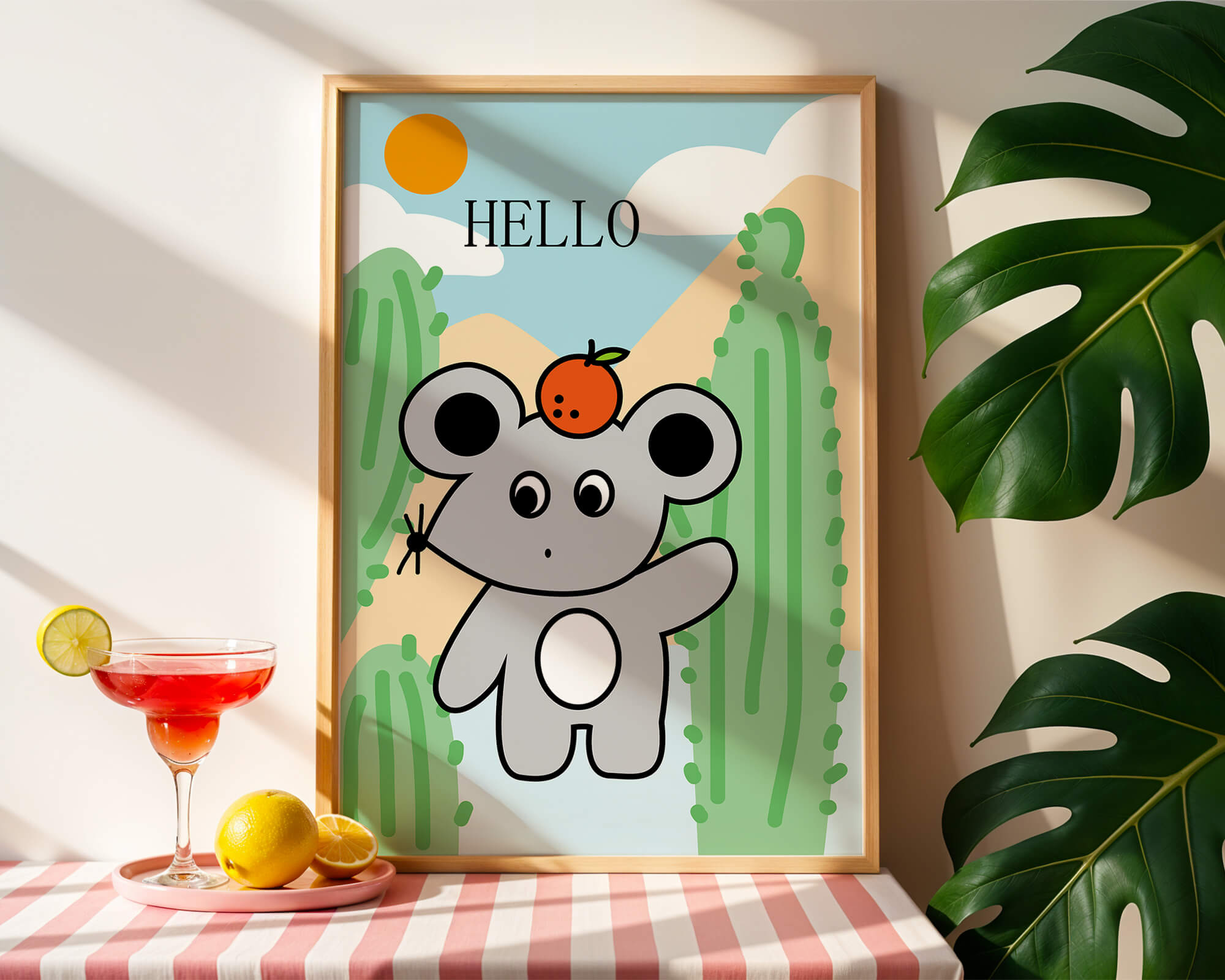 Cute illustration of a mouse with an orange on a sunny background