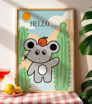 Cute illustration of a mouse with an orange on a sunny background