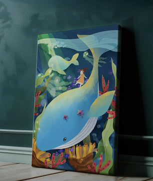 Fantasievolle Unterwasserszene mit einem Mädchen auf einem Wal und farbenfrohem Meeresleben