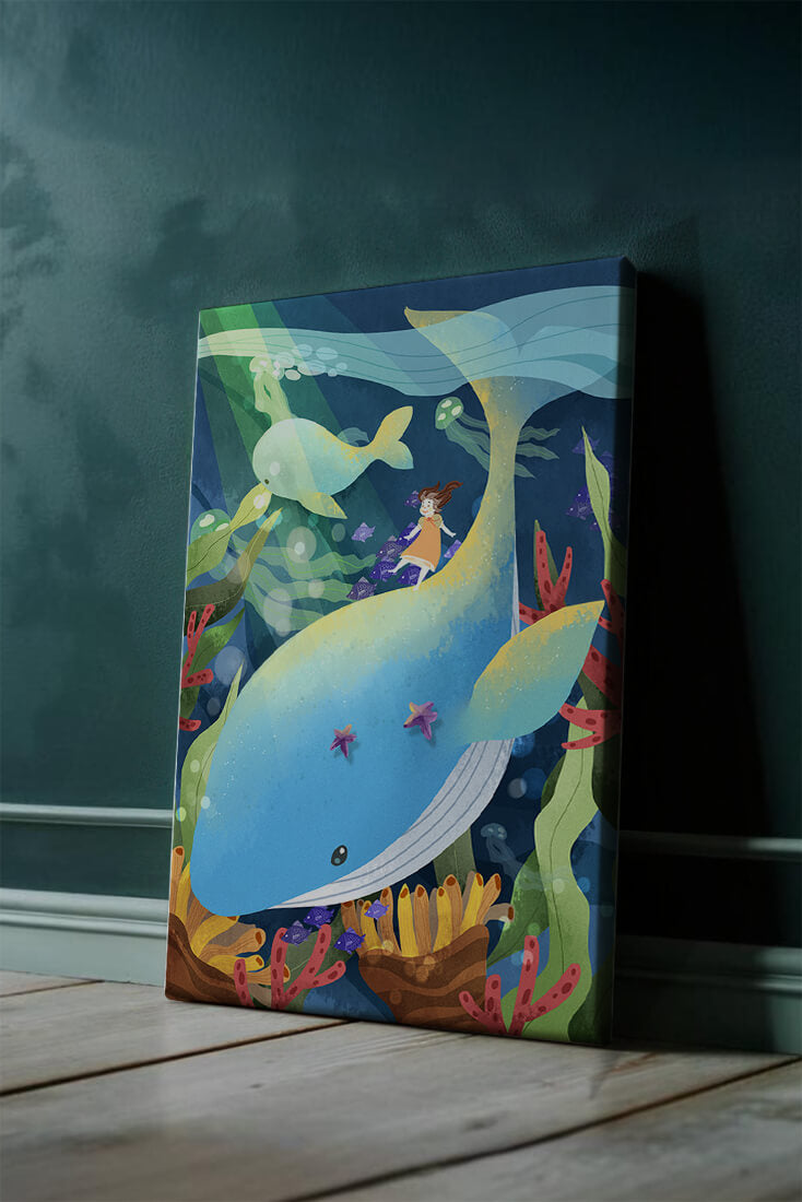 Fantasievolle Unterwasserszene mit einem Mädchen auf einem Wal und farbenfrohem Meeresleben