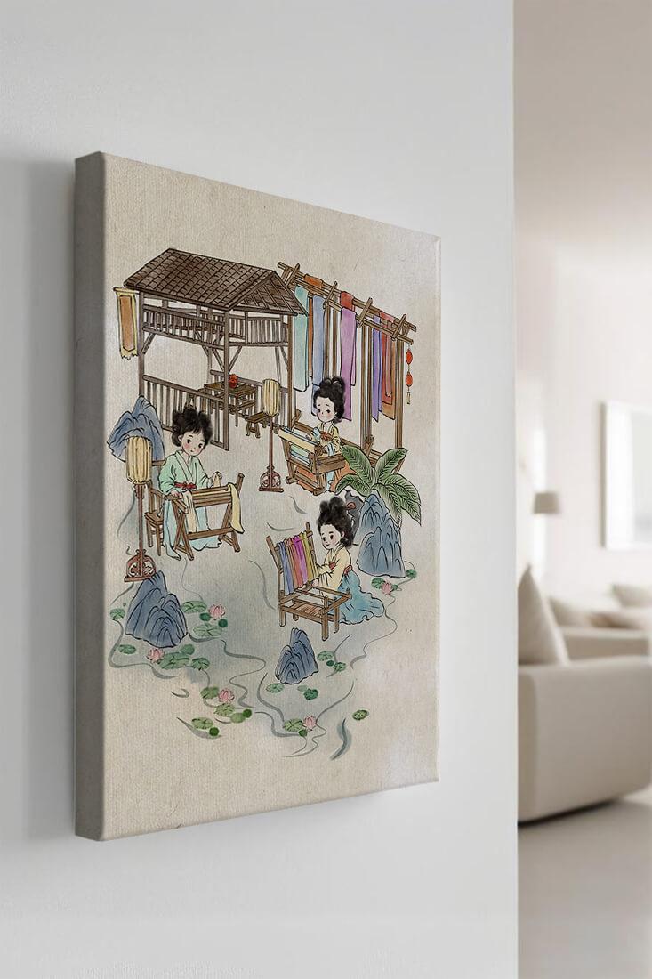 Charming illustration of traditional textile crafts in a serene setting