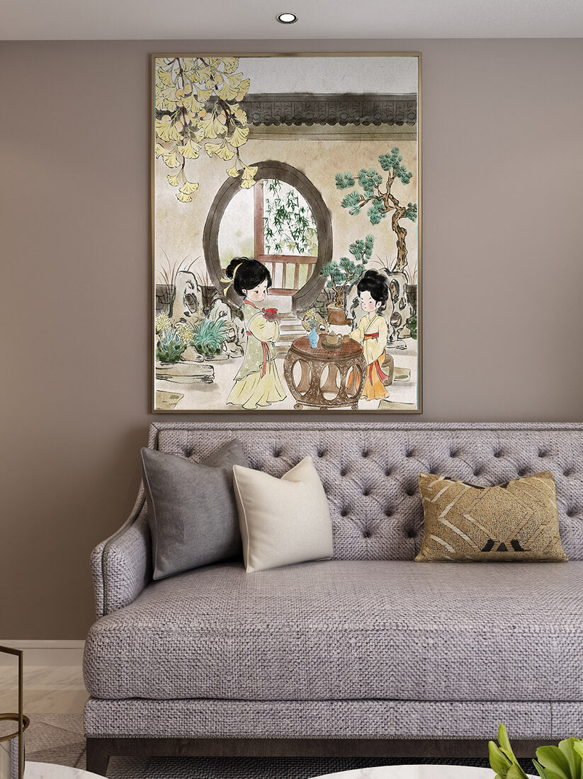 Serene traditional Chinese garden scene with women in elegant attire