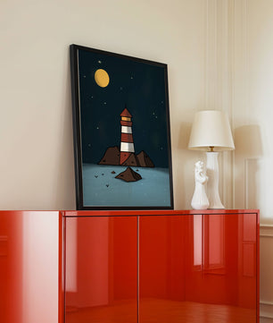 Escena nocturna tranquila con faro y estrellas que reflejan serenidad