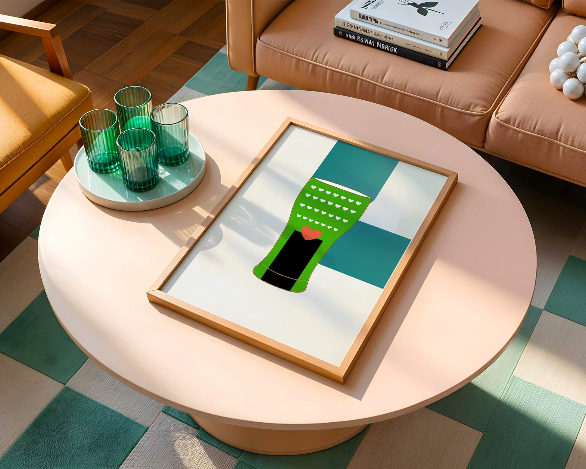 Green vase with heart pattern and minimalistic design