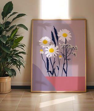 Illustrative floral artwork with daisies and abstract background