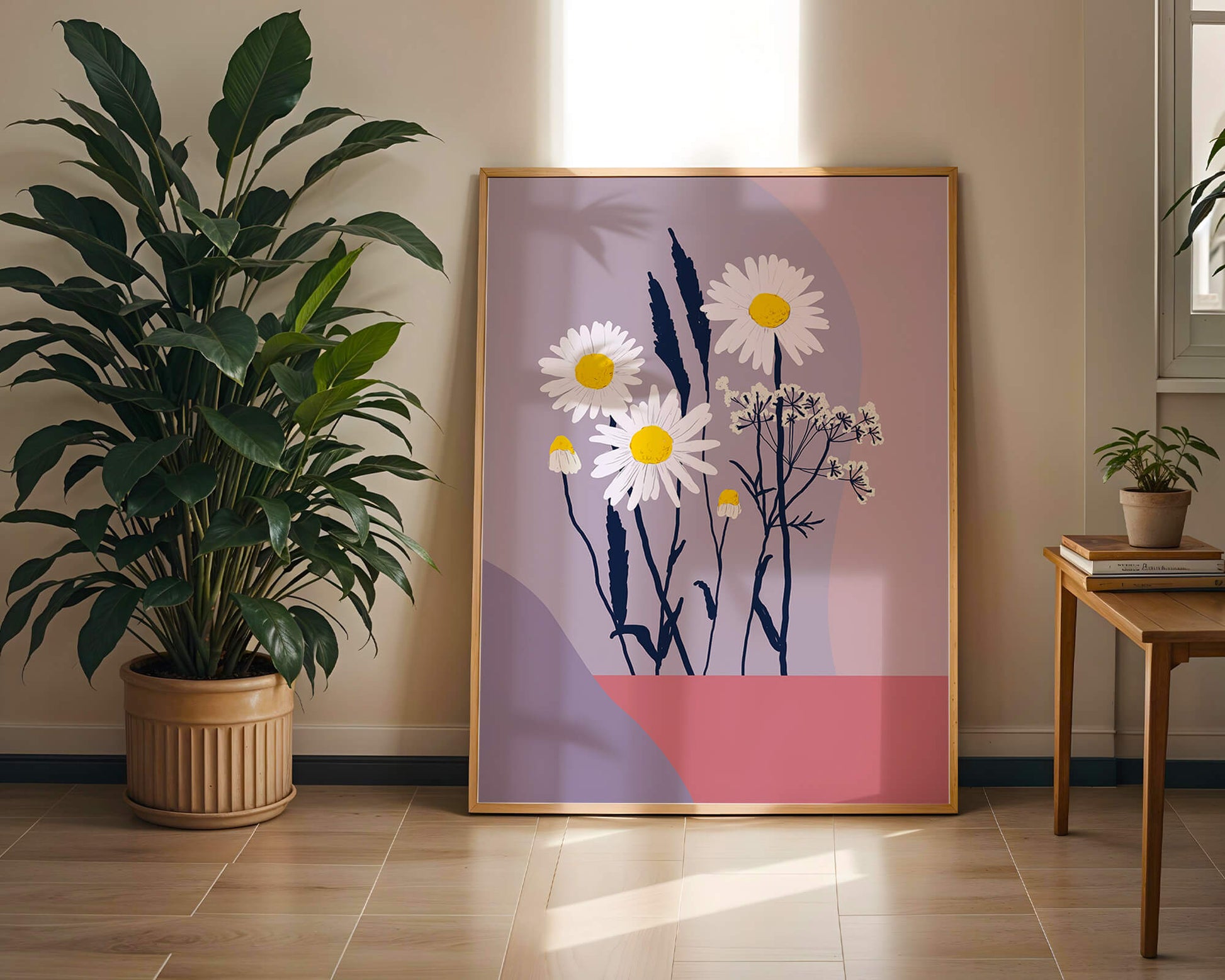 Illustrative floral artwork with daisies and abstract background