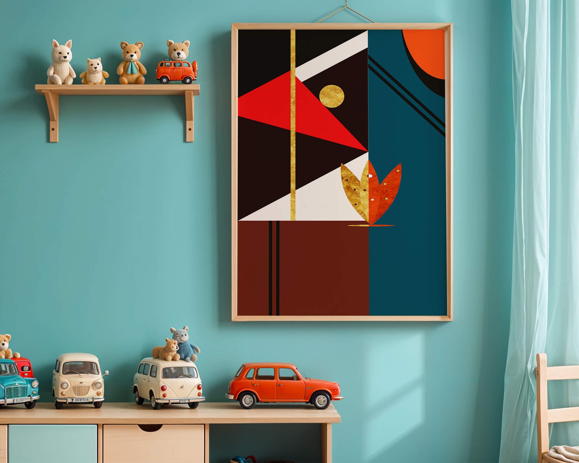 Geometrische abstrakte Kunst mit Gold und kräftigen Formen