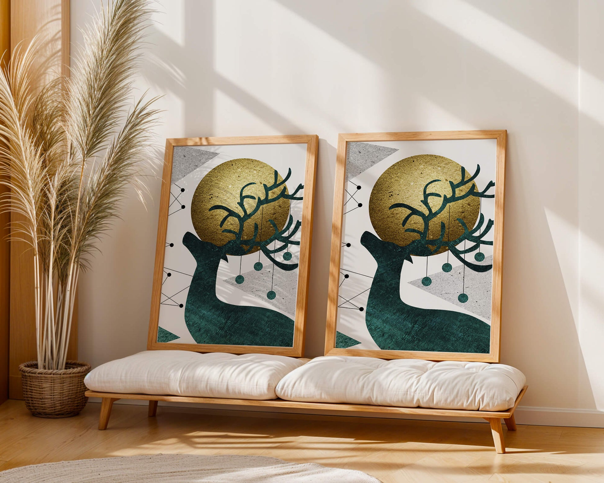 Abstract Geometric Deer with Gold Circle and Modern Design