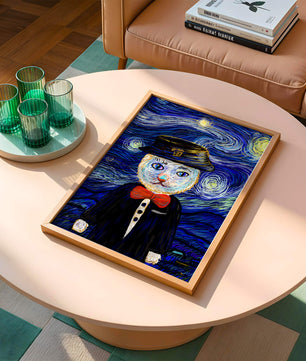 Whimsical cat character against starry night sky background