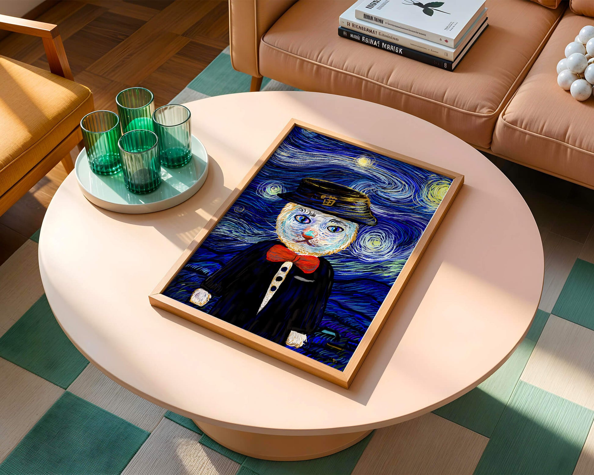 Whimsical cat character against starry night sky background