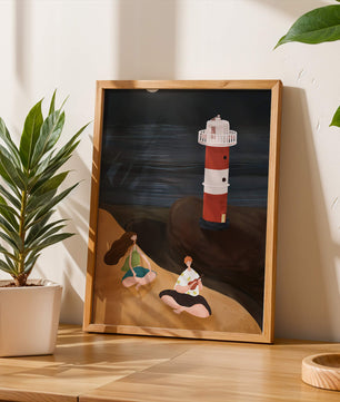 Peaceful Beach Scene with Lighthouse at Night