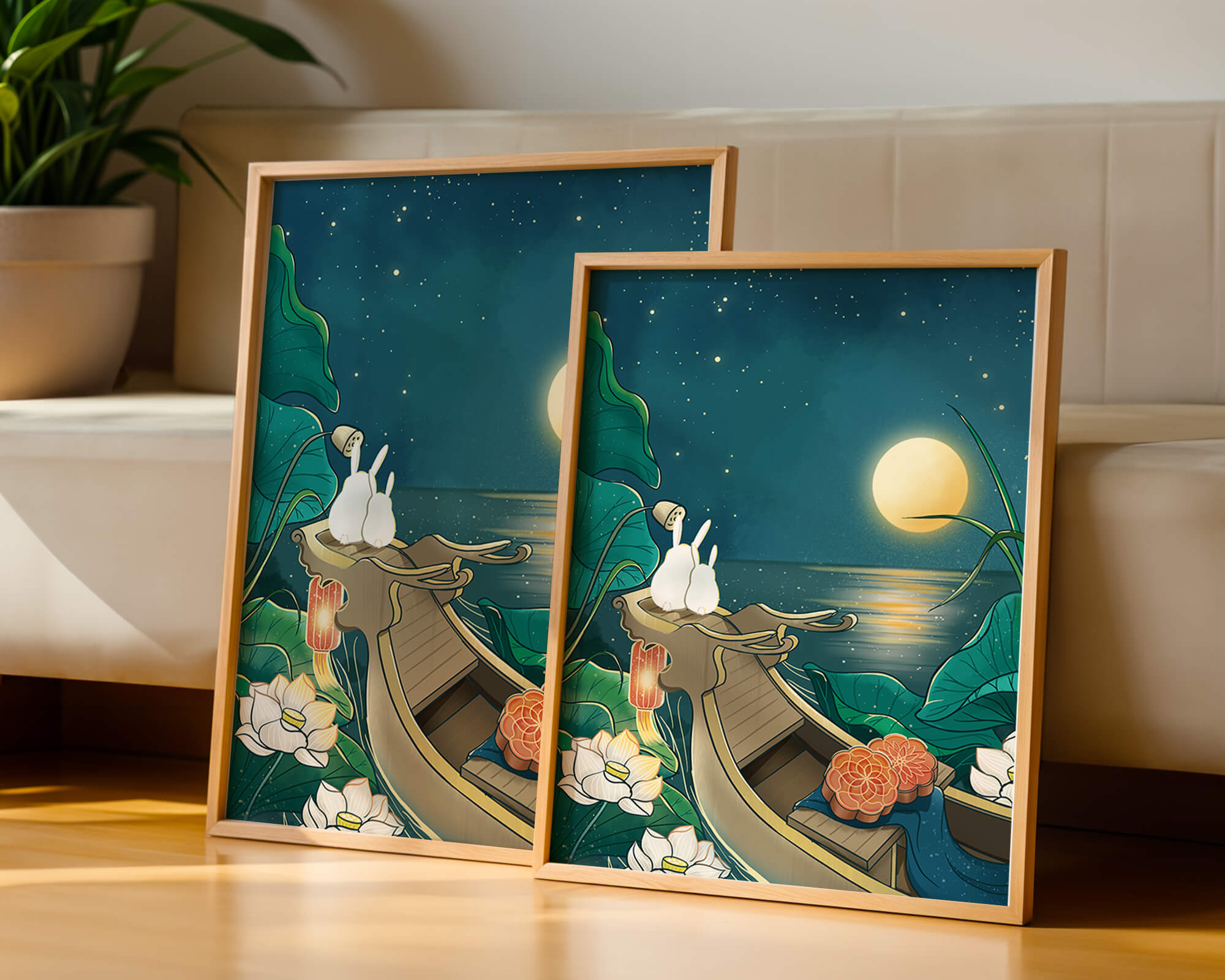 Serene illustration of rabbits gazing at a bright moon on a tranquil lake