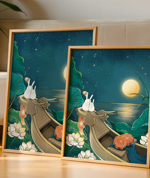 Ilustración serena de conejos contemplando una luna brillante sobre un lago tranquilo