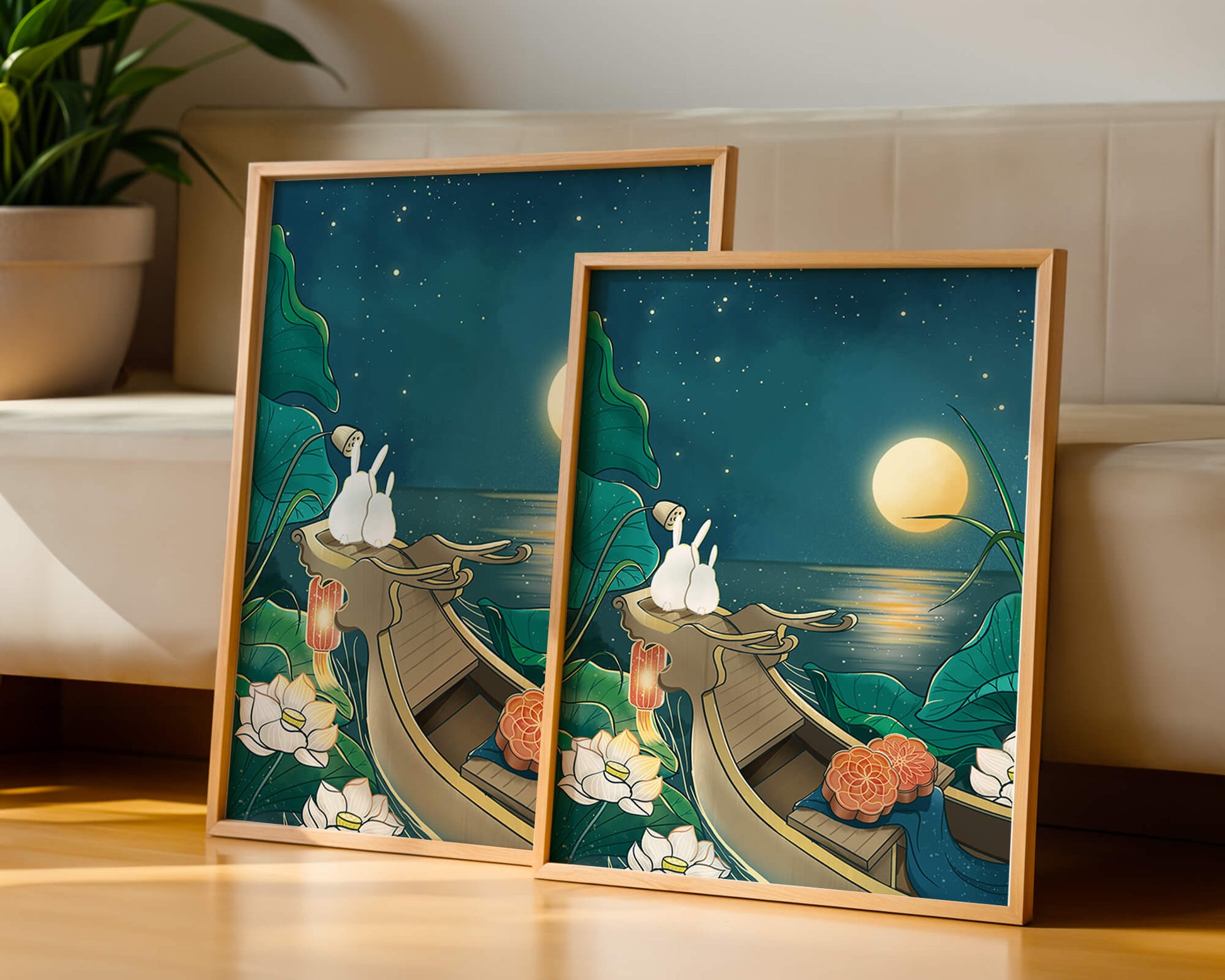 Serene illustration of rabbits gazing at a bright moon on a tranquil lake