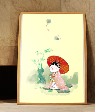 Cat in Traditional Japanese Dress with Umbrella in Zen Garden - Mi tienda