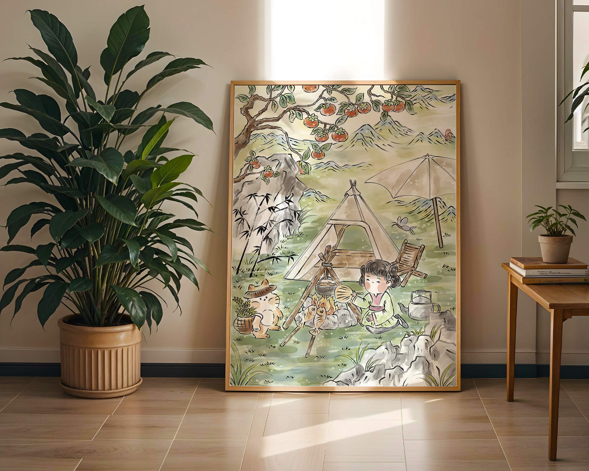 Escena encantadora de camping con un niño y un gato bajo un árbol de caqui