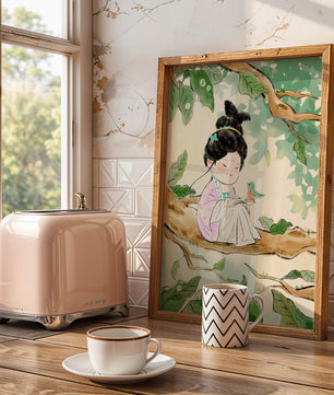 Serene illustration of a girl with a bird in a tree