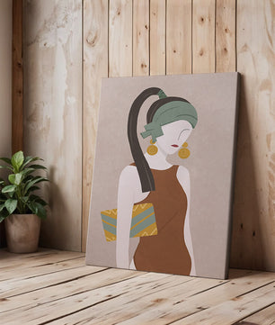 Retrato de mujer estilizado con colores apagados y elementos geométricos
