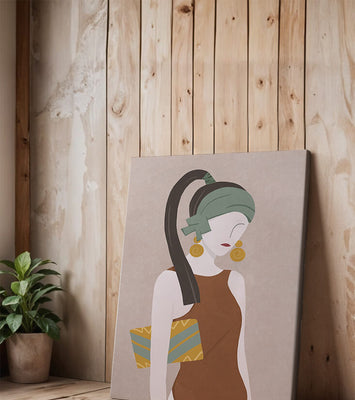 Stylized woman portrait with muted colors and geometric elements