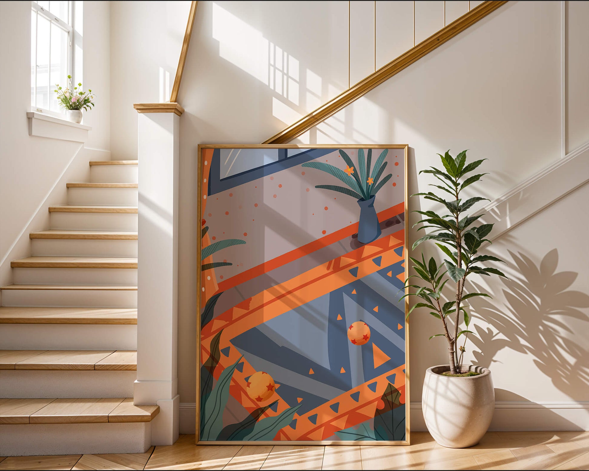 Interior abstracto moderno con patrones geométricos y planta