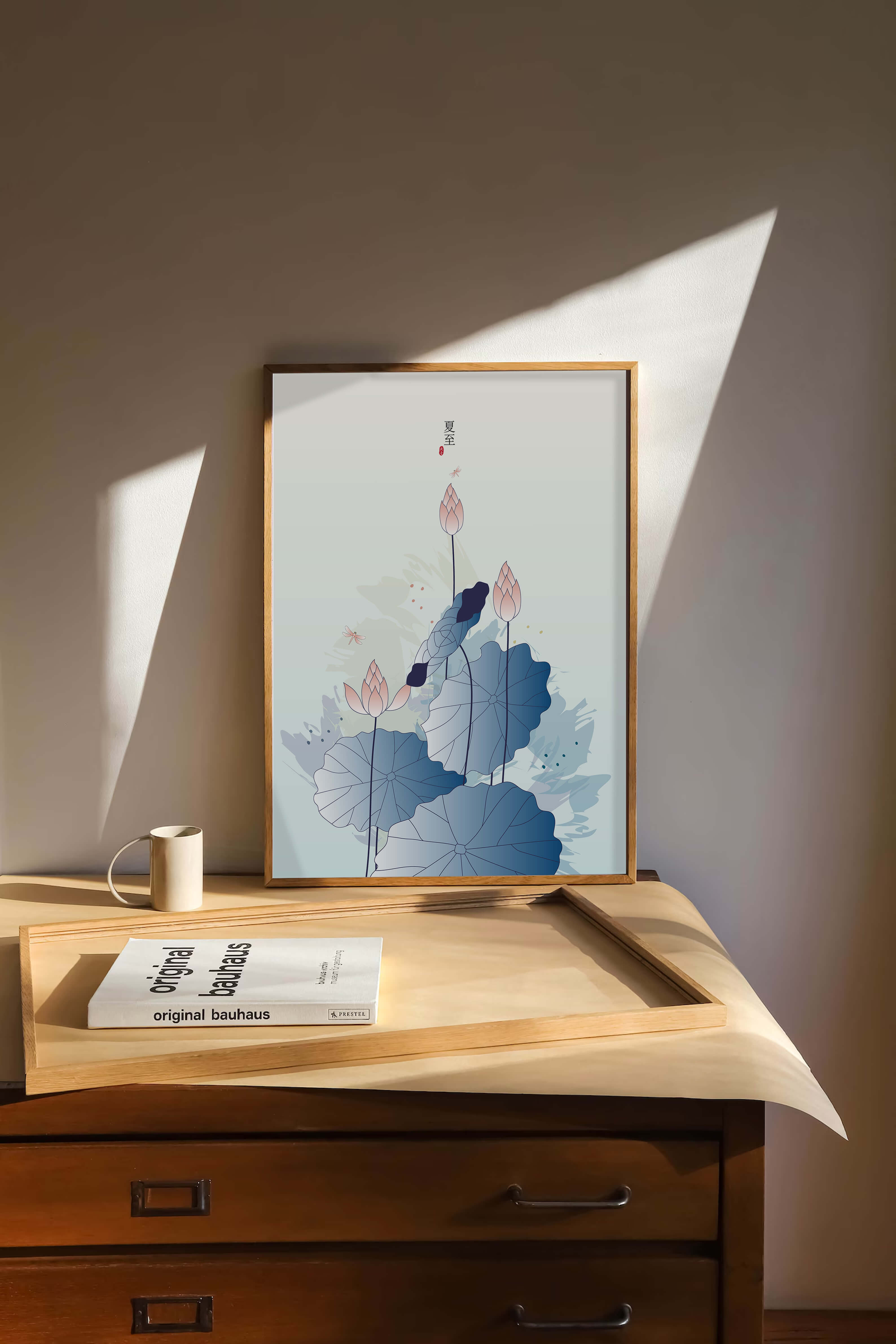 Lotus flower and dragonflies in elegant pastel illustration