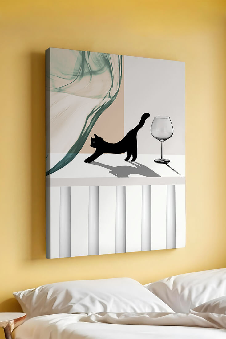 Abstract Composition with Black Cat and Wine Glass on Geometric Background