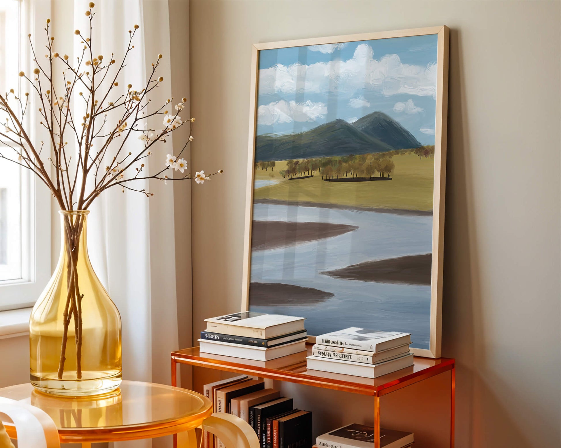 Serene Landscape with Mountains, Trees, and River