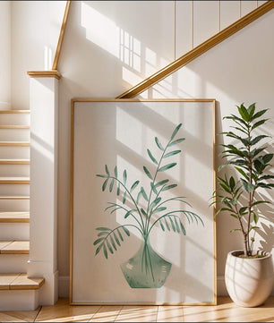 Illustration minimaliste à l’aquarelle de feuilles vertes dans un vase en verre