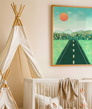 Serene Landscape with Road Leading to Sunset and Lush Greenery