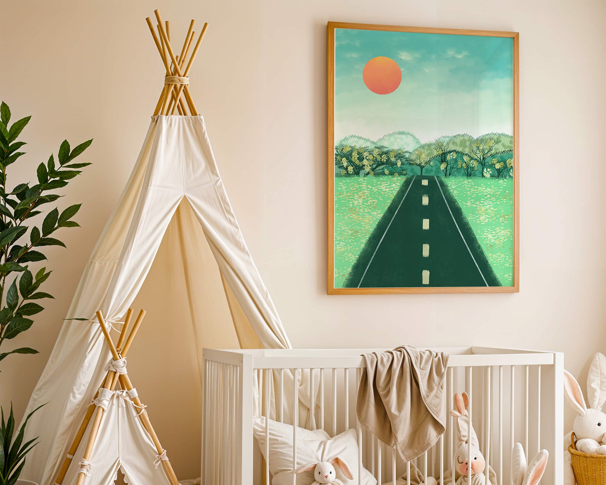 Serene Landscape with Road Leading to Sunset and Lush Greenery