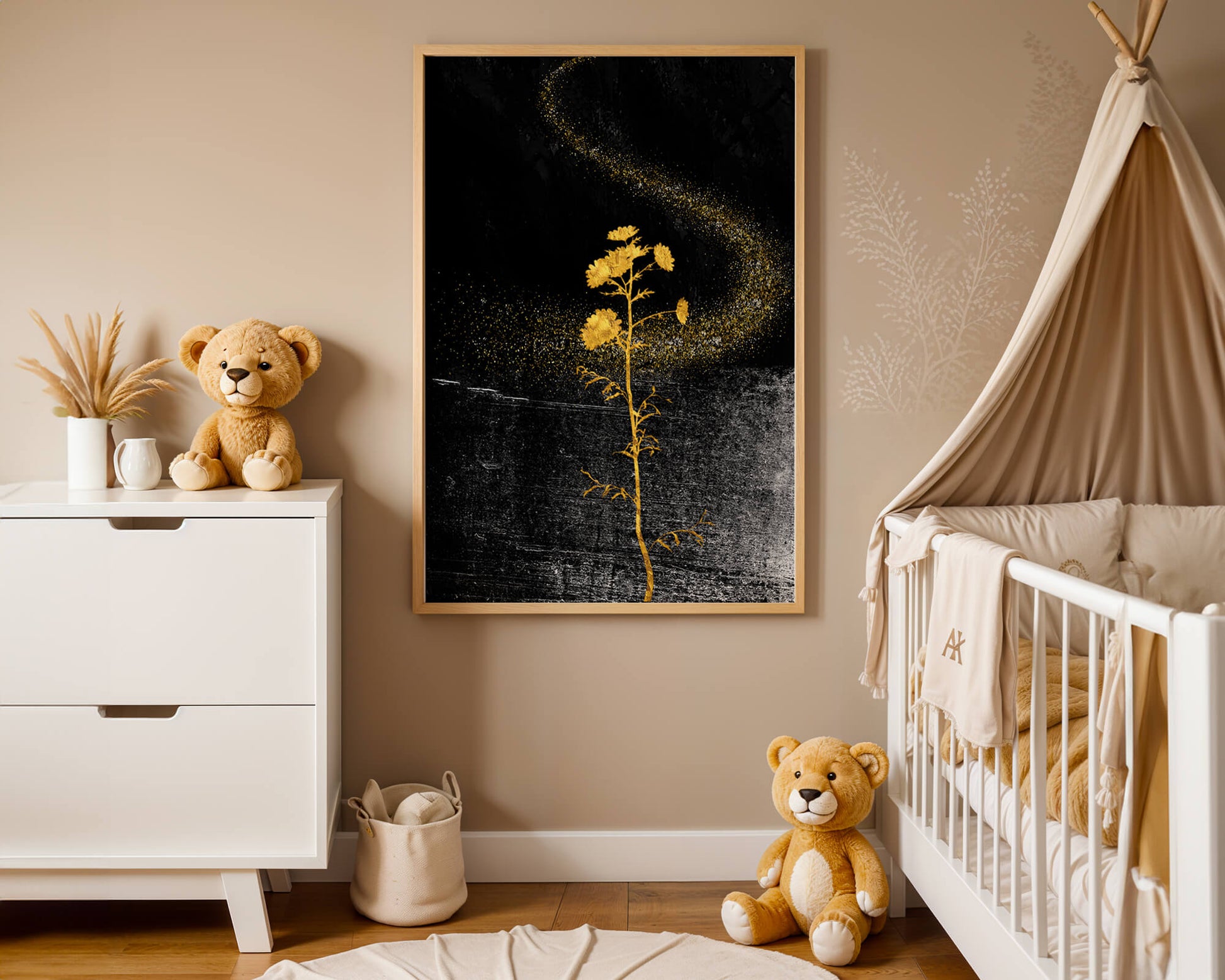 Golden Flowers on Black Background with Sparkling Dust