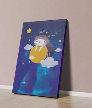 Scène nocturne onirique avec un enfant étreignant la lune