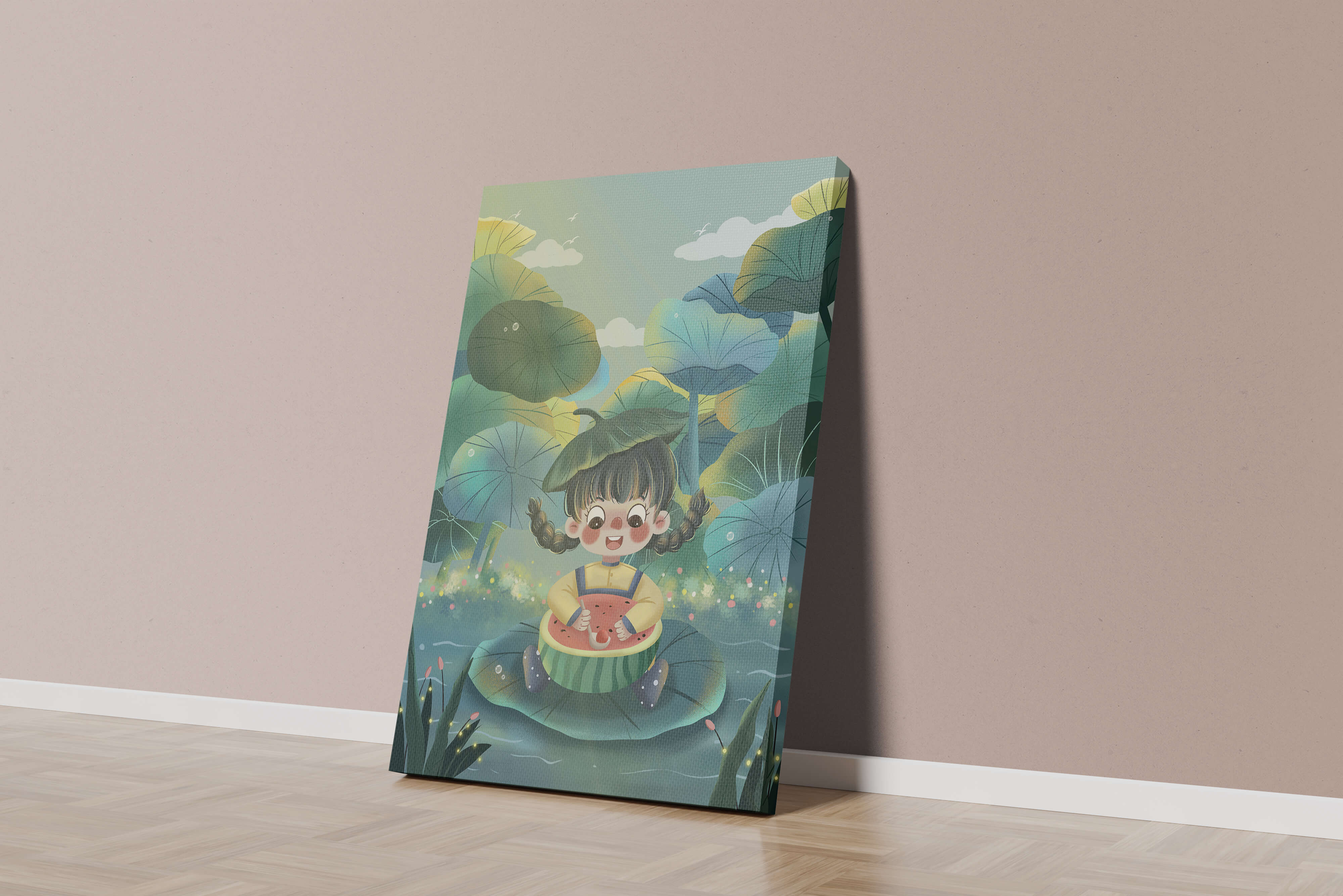 Charming illustration of a child enjoying watermelon amidst whimsical nature