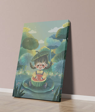 Charming illustration of a child enjoying watermelon amidst whimsical nature