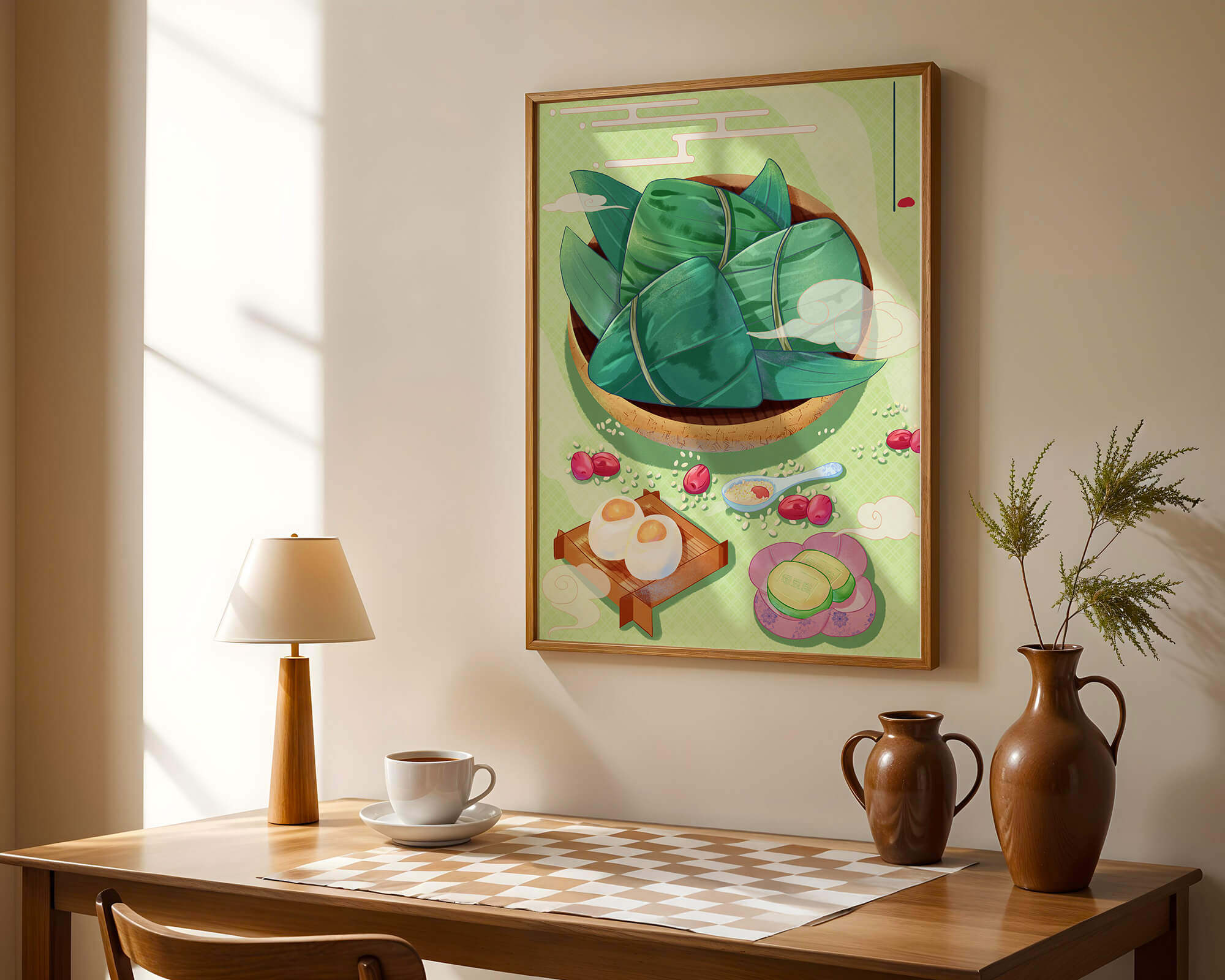 Traditional Asian food illustration with rice dumplings and mooncakes on a green background