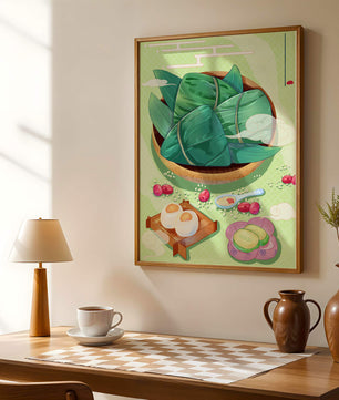 Traditional Asian food illustration with rice dumplings and mooncakes on a green background