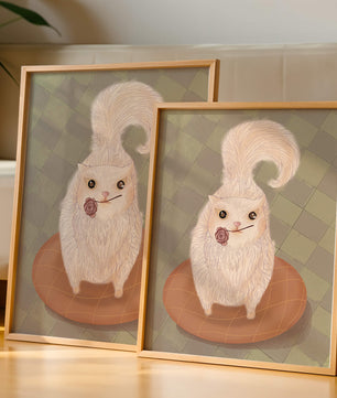 Illustration of fluffy cat with rose on a cushion