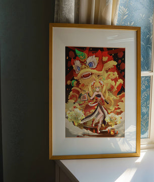 Colorful anime-inspired scene with a lion dance and festive character